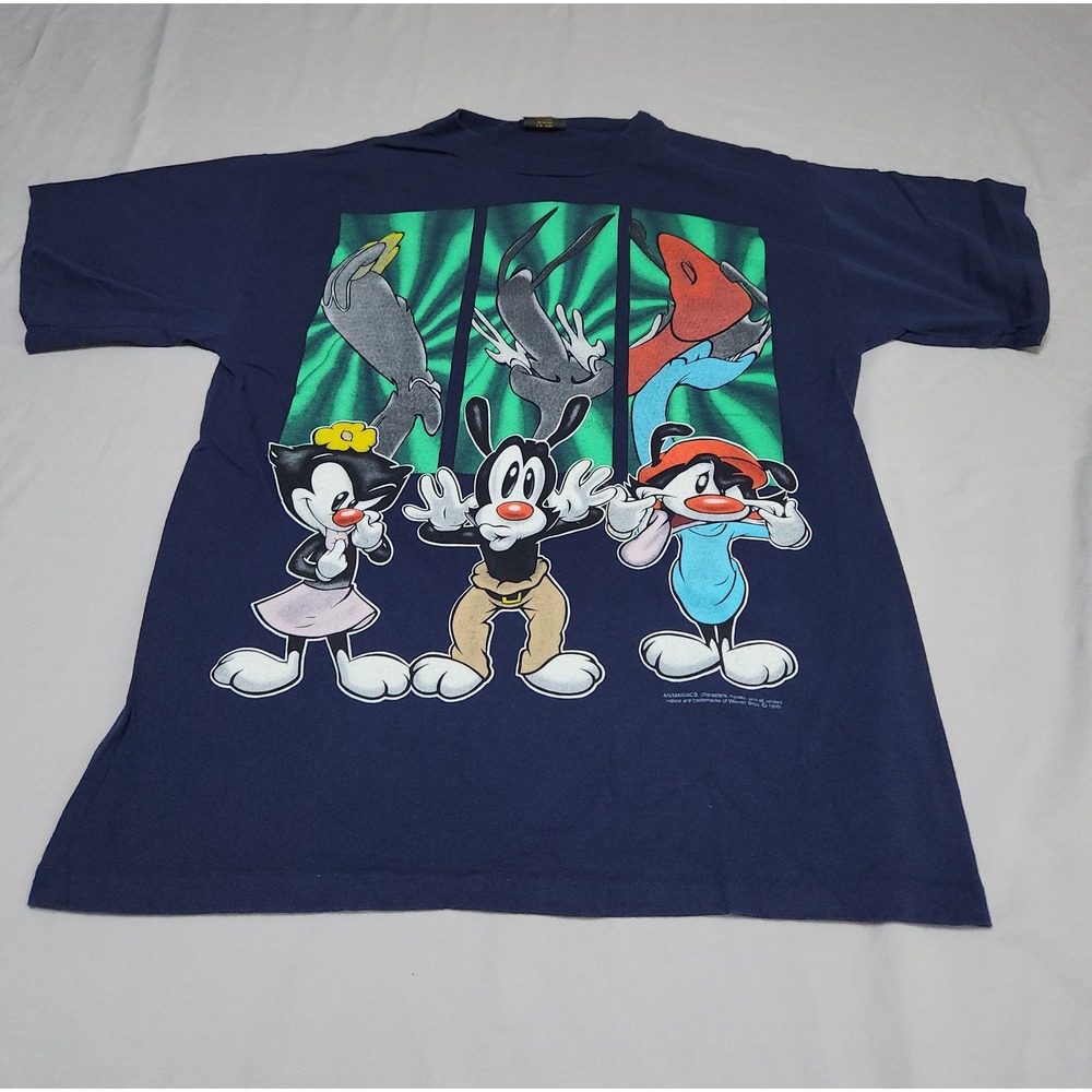 Vintage 1995 Animaniacs Changes T-Shirt Navy Blue Yakko Wakko Dot Large USA Made